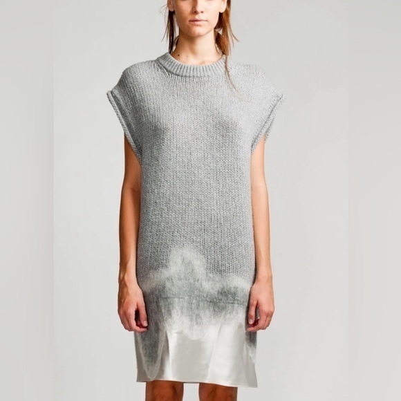 Alexander Wang Size S • Wool Gray Extended Shoulder Satin Needle Sweater Dress.